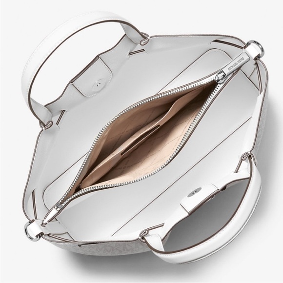 Michael Kors Carson Medium Signature Logo Satchel Bag Optic White - Picture 8 of 9